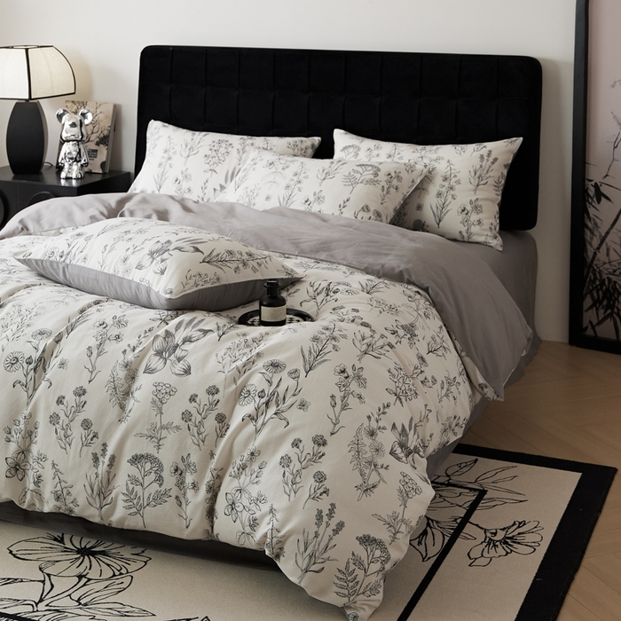 91家纺网 家纺一手货源 找家纺 禾时 2025新款全棉纯棉双层纱印花四件套-暗合 茉含-白灰