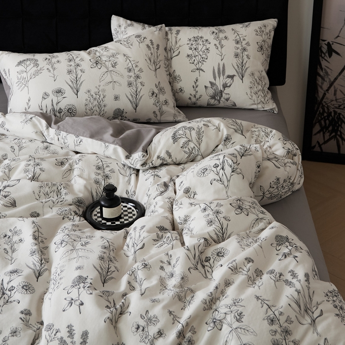 91家纺网 家纺一手货源 找家纺 禾时 2025新款全棉纯棉双层纱印花四件套-暗合 茉含-白灰