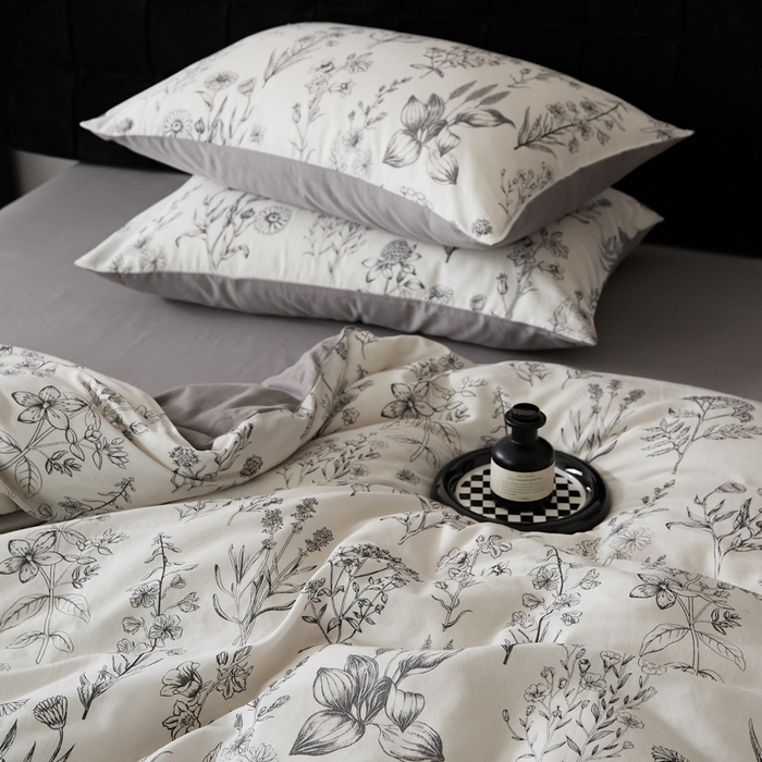 91家纺网 家纺一手货源 找家纺 禾时 2025新款全棉纯棉双层纱印花四件套-暗合 茉含-白灰