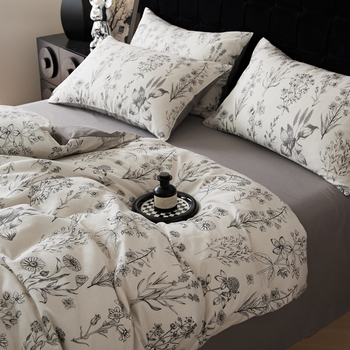 91家纺网 家纺一手货源 找家纺 禾时 2025新款全棉纯棉双层纱印花四件套-暗合 茉含-白灰