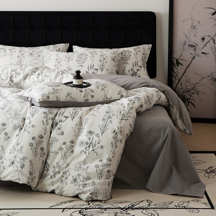 91家纺网 家纺一手货源 找家纺 禾时 2025新款全棉纯棉双层纱印花四件套-暗合 茉含-白灰