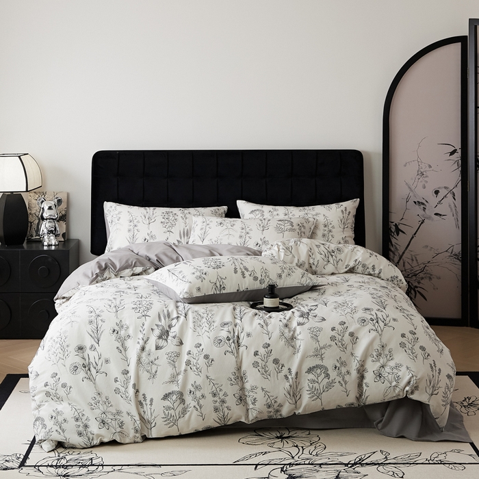 91家纺网 家纺一手货源 找家纺 禾时 2025新款全棉纯棉双层纱印花四件套-暗合 茉含-白灰