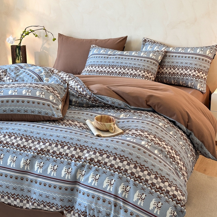 91家纺网 家纺一手货源 找家纺 寐居家纺 2025新款A类全棉纯棉磨毛印花四件套 摩卡