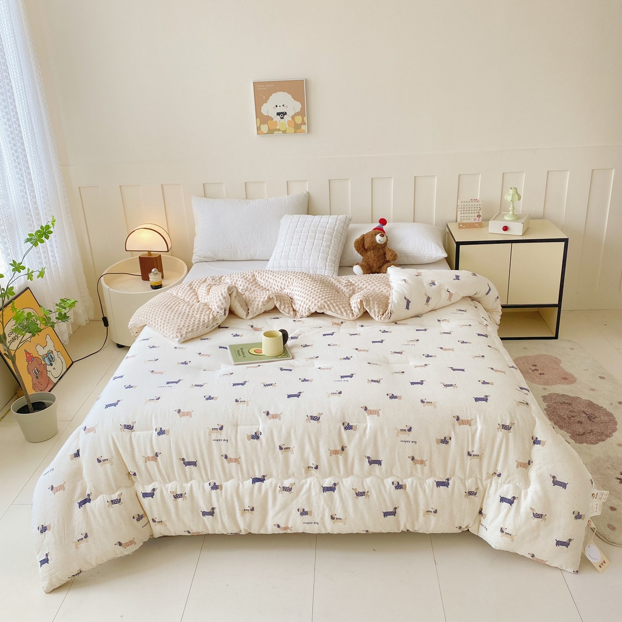 91家纺网 家纺一手货源 找家纺 小叮当家纺仓储工厂店 2025新款A类母婴级全棉双层纱婴儿绒210g豆豆被20%大豆纤维单人双人被芯 腊肠狗