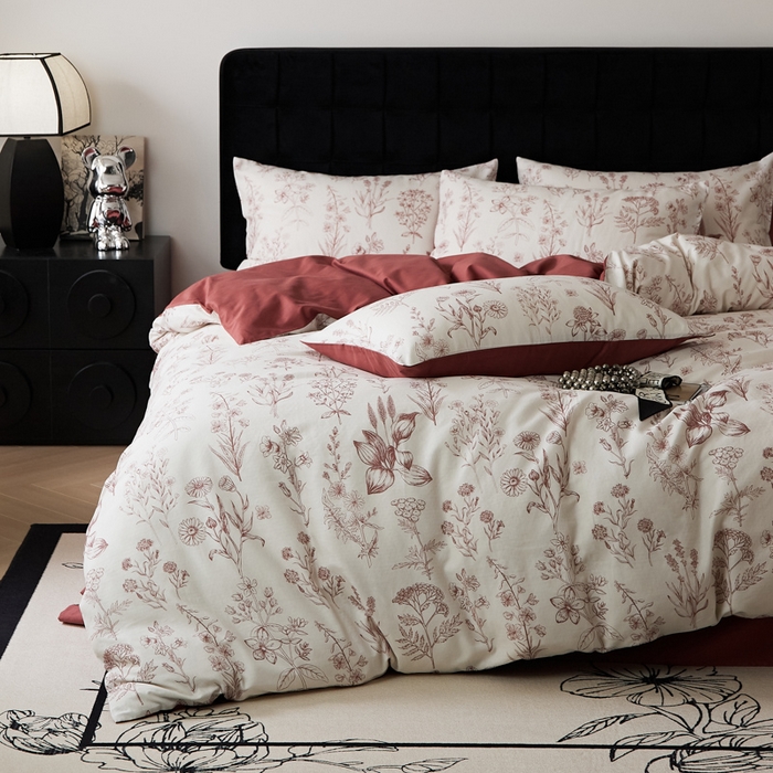 禾时 2025新款全棉纯棉双层纱印花四件套-暗合 茉含-红咖