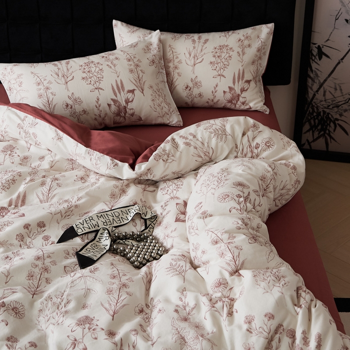 91家纺网 家纺一手货源 找家纺 禾时 2025新款全棉纯棉双层纱印花四件套-暗合 茉含-红咖