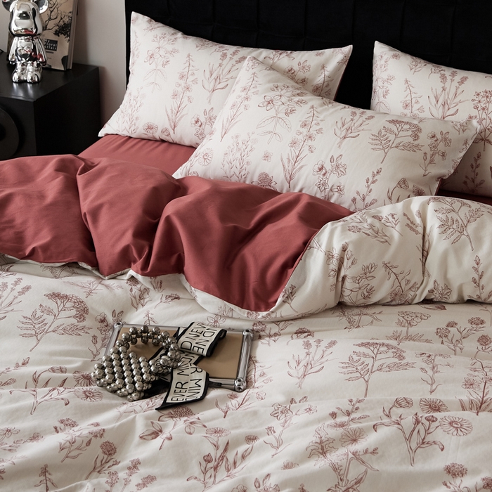 91家纺网 家纺一手货源 找家纺 禾时 2025新款全棉纯棉双层纱印花四件套-暗合 茉含-红咖