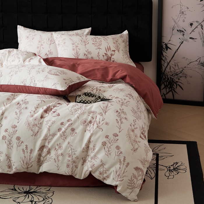 91家纺网 家纺一手货源 找家纺 禾时 2025新款全棉纯棉双层纱印花四件套-暗合 茉含-红咖