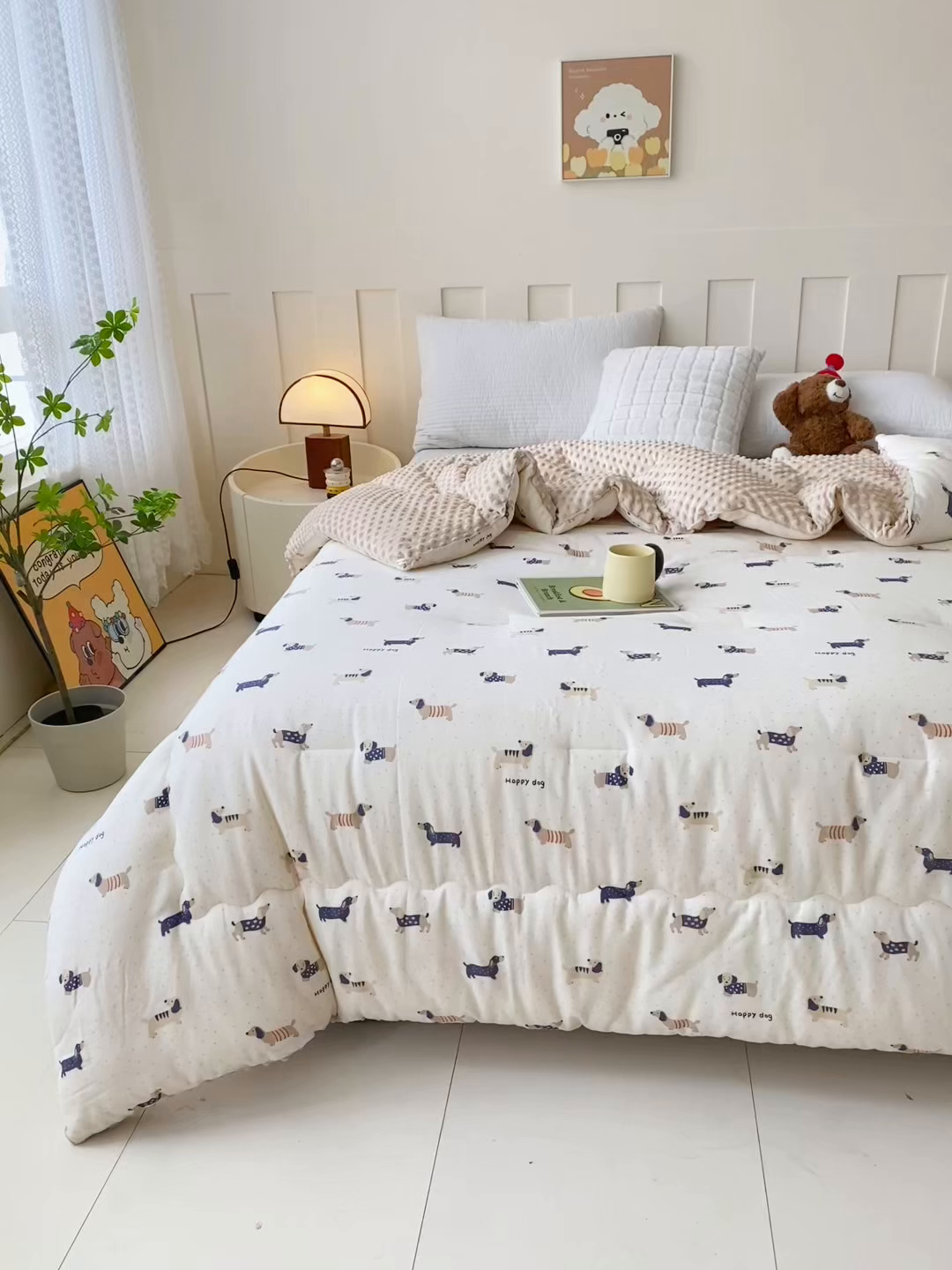 91家纺网 家纺一手货源 找家纺 小叮当家纺仓储工厂店 2025新款A类母婴级全棉双层纱婴儿绒210g豆豆被20%大豆纤维单人双人被芯 腊肠狗