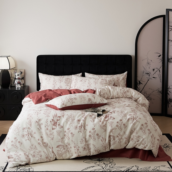 91家纺网 家纺一手货源 找家纺 禾时 2025新款全棉纯棉双层纱印花四件套-暗合 茉含-红咖