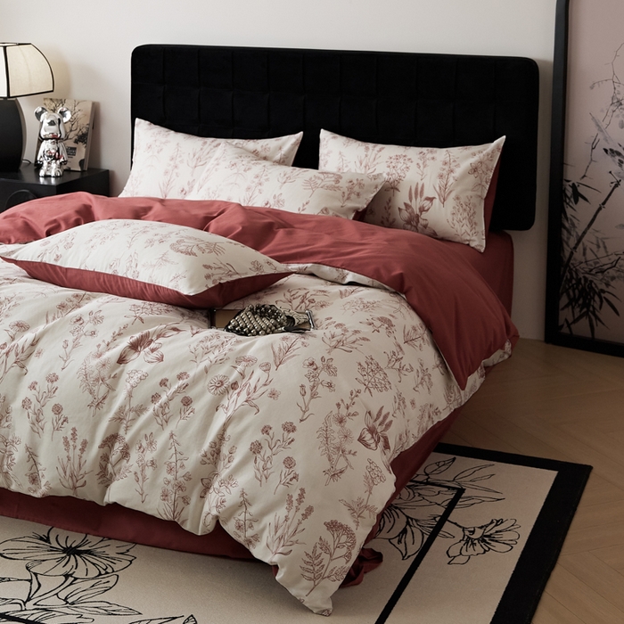 91家纺网 家纺一手货源 找家纺 禾时 2025新款全棉纯棉双层纱印花四件套-暗合 茉含-红咖