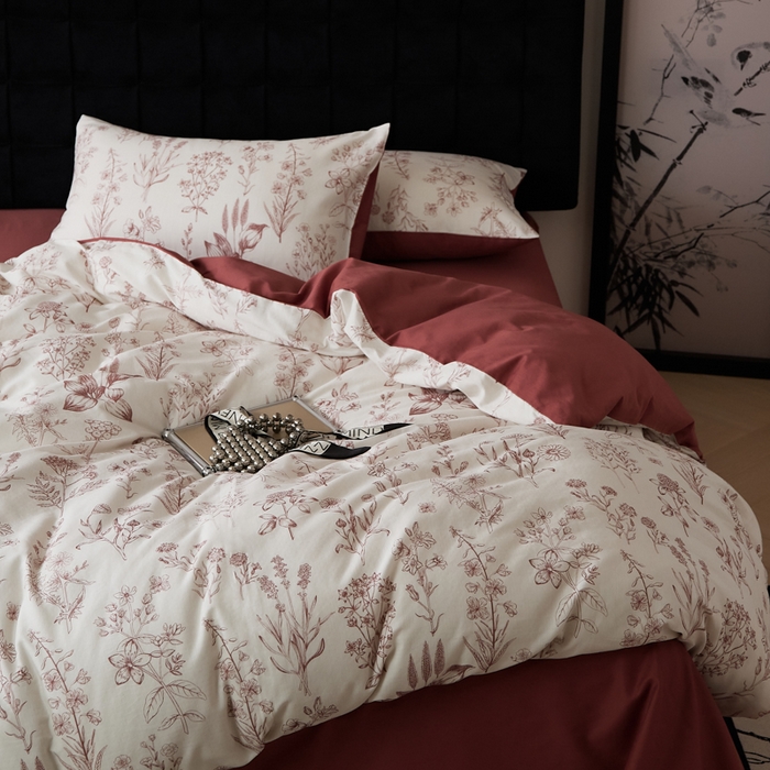 91家纺网 家纺一手货源 找家纺 禾时 2025新款全棉纯棉双层纱印花四件套-暗合 茉含-红咖