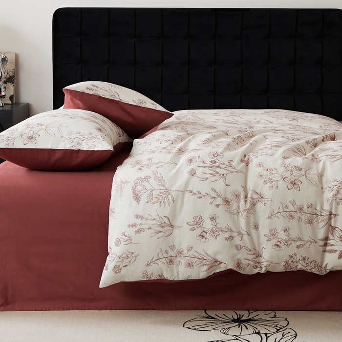 91家纺网 家纺一手货源 找家纺 禾时 2025新款全棉纯棉双层纱印花四件套-暗合 茉含-红咖