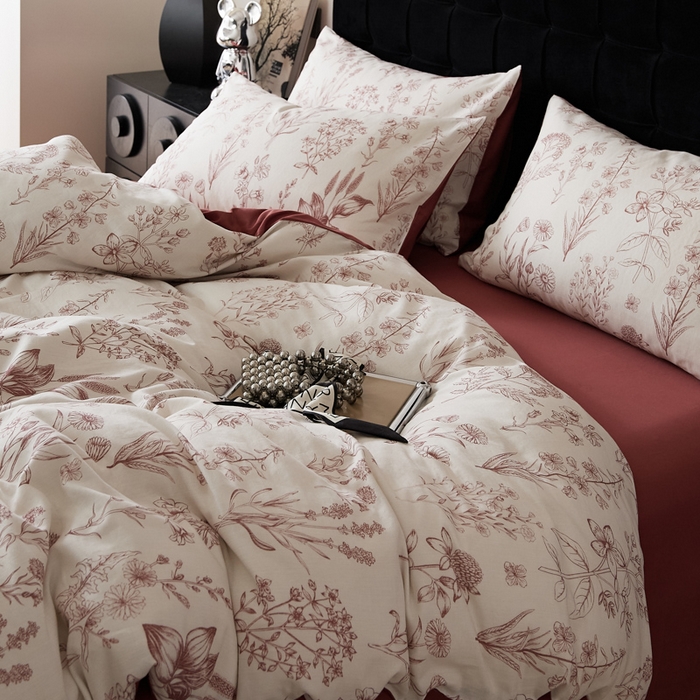 91家纺网 家纺一手货源 找家纺 禾时 2025新款全棉纯棉双层纱印花四件套-暗合 茉含-红咖