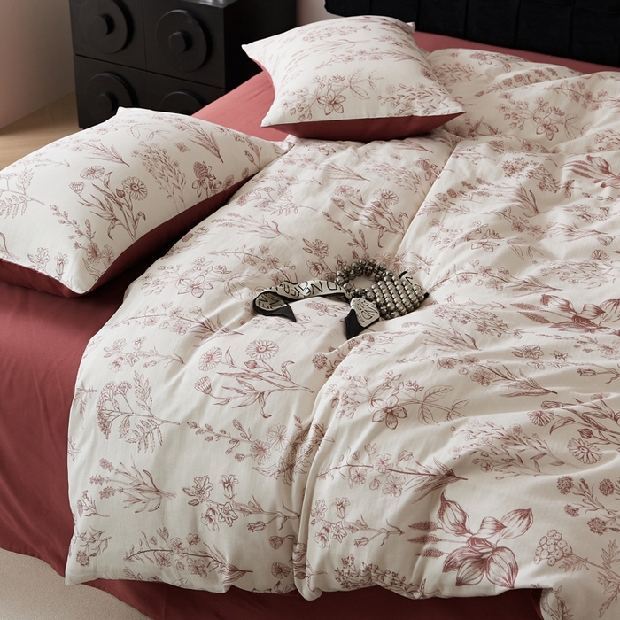 91家纺网 家纺一手货源 找家纺 禾时 2025新款全棉纯棉双层纱印花四件套-暗合 茉含-红咖