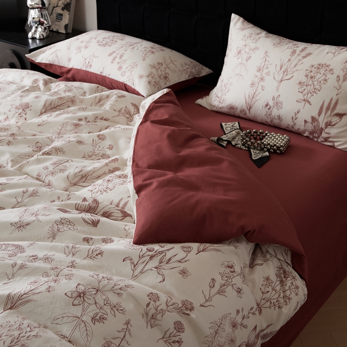 91家纺网 家纺一手货源 找家纺 禾时 2025新款全棉纯棉双层纱印花四件套-暗合 茉含-红咖