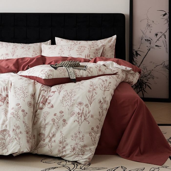 91家纺网 家纺一手货源 找家纺 禾时 2025新款全棉纯棉双层纱印花四件套-暗合 茉含-红咖