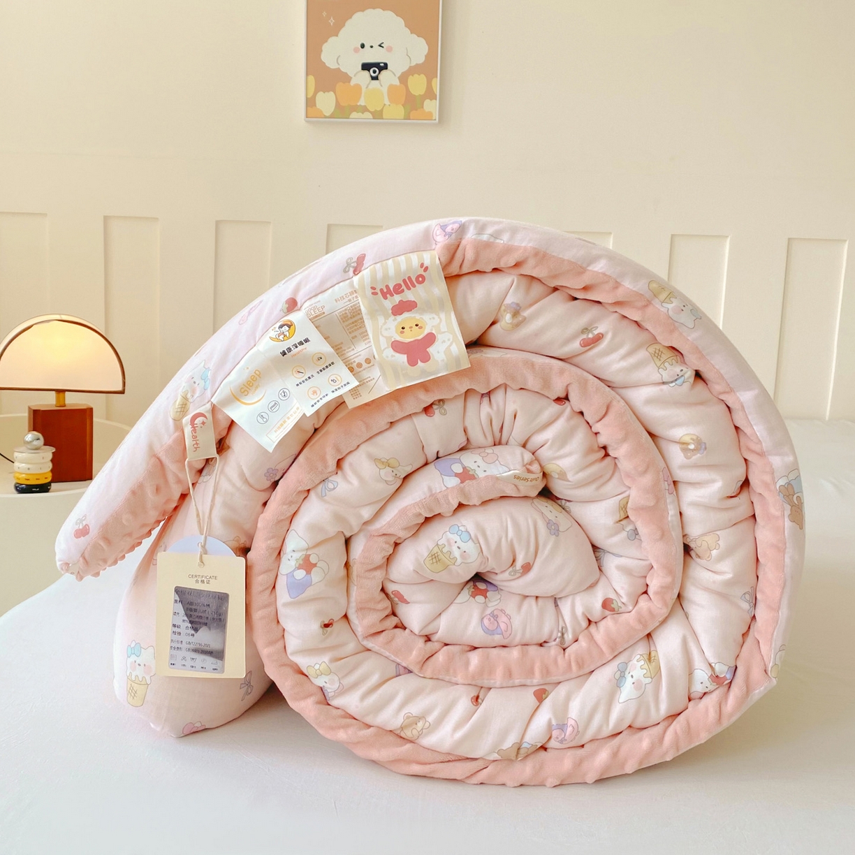 小叮当家纺仓储工厂店 2025新款A类母婴级全棉双层纱婴儿绒210g豆豆被20%大豆纤维单人双人被芯 莓烦恼