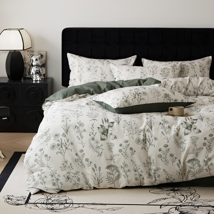 禾时 2025新款全棉纯棉双层纱印花四件套-暗合 茉含-墨绿