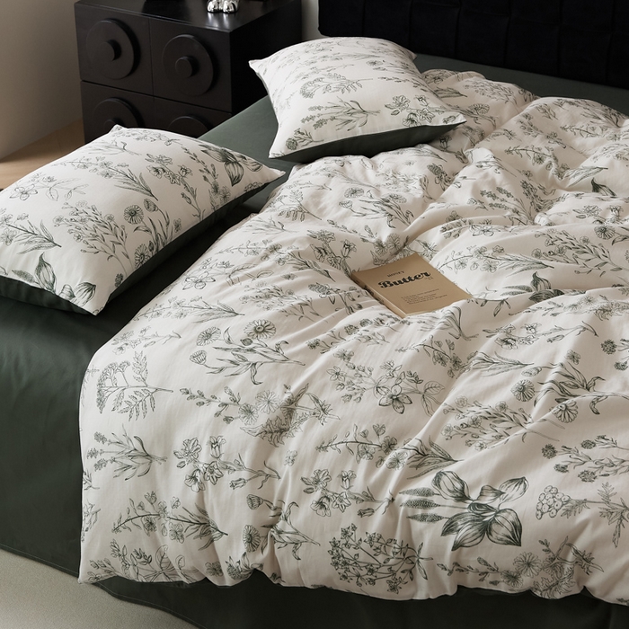 91家纺网 家纺一手货源 找家纺 禾时 2025新款全棉纯棉双层纱印花四件套-暗合 茉含-墨绿