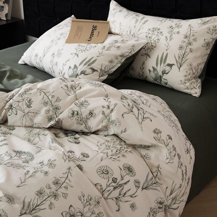 91家纺网 家纺一手货源 找家纺 禾时 2025新款全棉纯棉双层纱印花四件套-暗合 茉含-墨绿