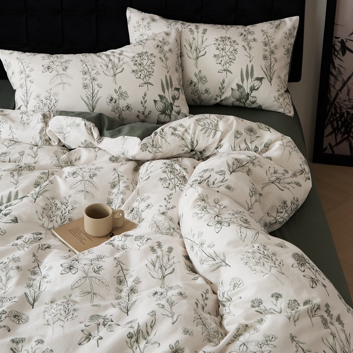 91家纺网 家纺一手货源 找家纺 禾时 2025新款全棉纯棉双层纱印花四件套-暗合 茉含-墨绿