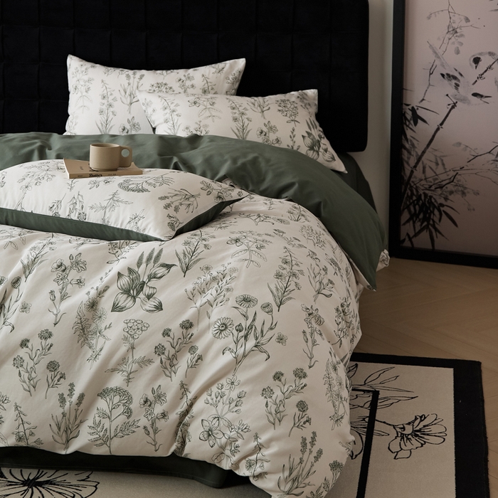 91家纺网 家纺一手货源 找家纺 禾时 2025新款全棉纯棉双层纱印花四件套-暗合 茉含-墨绿