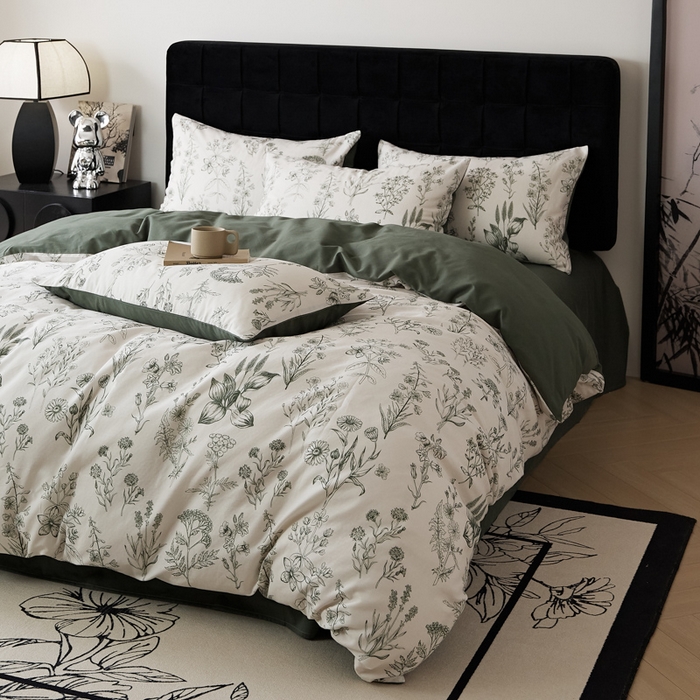 91家纺网 家纺一手货源 找家纺 禾时 2025新款全棉纯棉双层纱印花四件套-暗合 茉含-墨绿