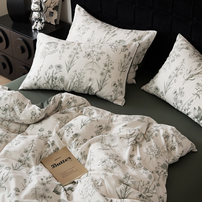 91家纺网 家纺一手货源 找家纺 禾时 2025新款全棉纯棉双层纱印花四件套-暗合 茉含-墨绿