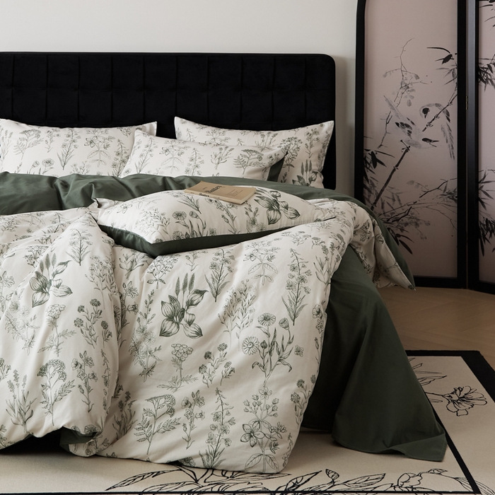 91家纺网 家纺一手货源 找家纺 禾时 2025新款全棉纯棉双层纱印花四件套-暗合 茉含-墨绿