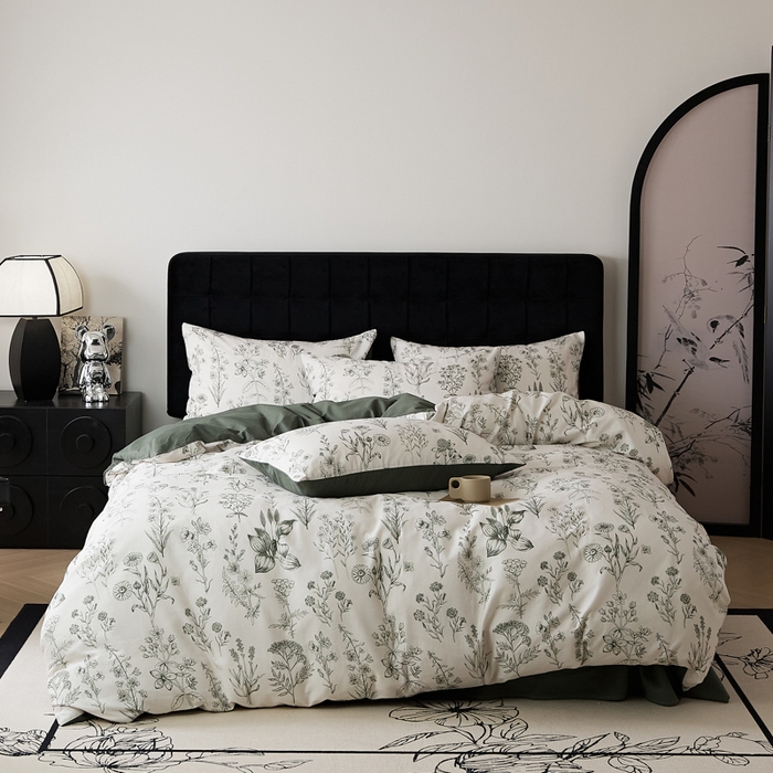 91家纺网 家纺一手货源 找家纺 禾时 2025新款全棉纯棉双层纱印花四件套-暗合 茉含-墨绿