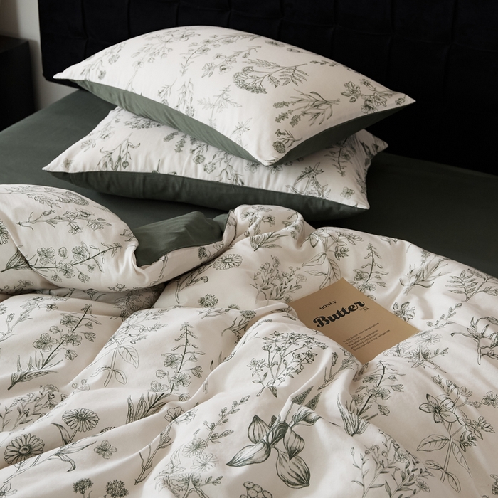 91家纺网 家纺一手货源 找家纺 禾时 2025新款全棉纯棉双层纱印花四件套-暗合 茉含-墨绿