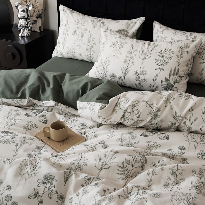 91家纺网 家纺一手货源 找家纺 禾时 2025新款全棉纯棉双层纱印花四件套-暗合 茉含-墨绿