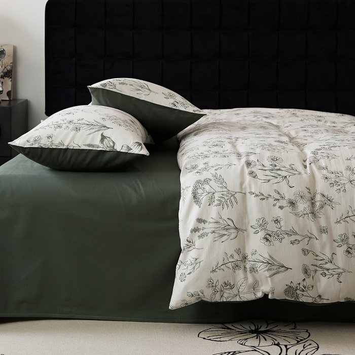 91家纺网 家纺一手货源 找家纺 禾时 2025新款全棉纯棉双层纱印花四件套-暗合 茉含-墨绿