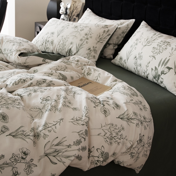 91家纺网 家纺一手货源 找家纺 禾时 2025新款全棉纯棉双层纱印花四件套-暗合 茉含-墨绿