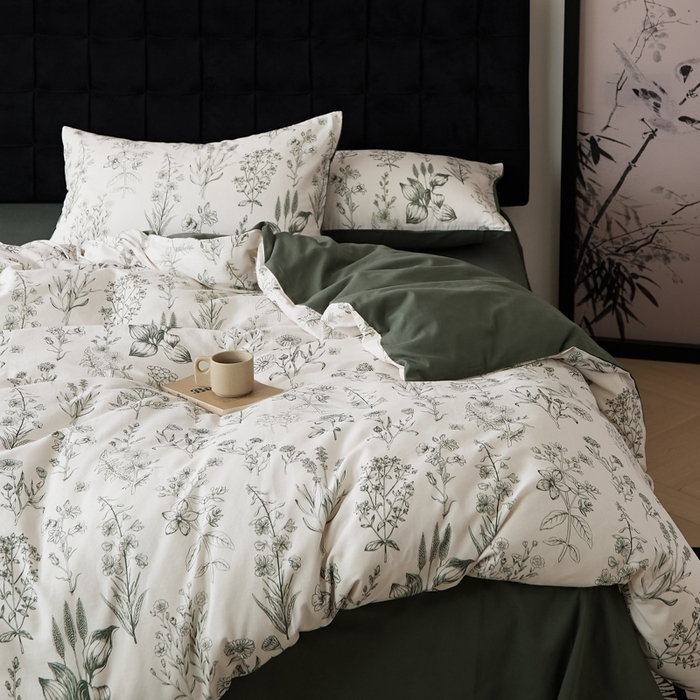 91家纺网 家纺一手货源 找家纺 禾时 2025新款全棉纯棉双层纱印花四件套-暗合 茉含-墨绿