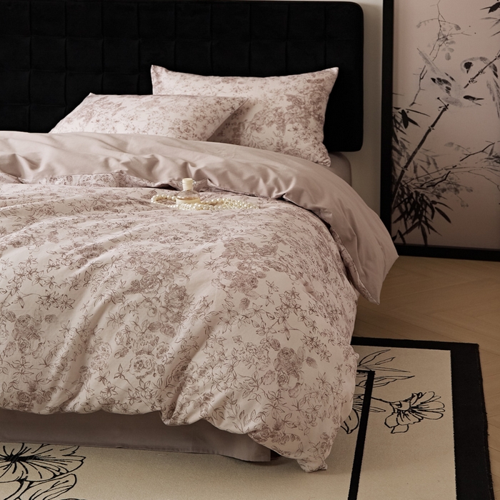 91家纺网 家纺一手货源 找家纺 禾时 2025新款全棉纯棉双层纱印花四件套-暗合 逆时光-粉