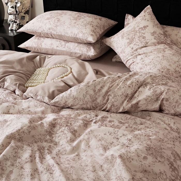 91家纺网 家纺一手货源 找家纺 禾时 2025新款全棉纯棉双层纱印花四件套-暗合 逆时光-粉