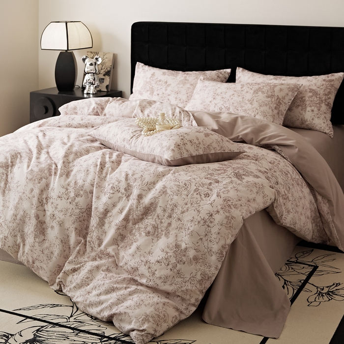 91家纺网 家纺一手货源 找家纺 禾时 2025新款全棉纯棉双层纱印花四件套-暗合 逆时光-粉