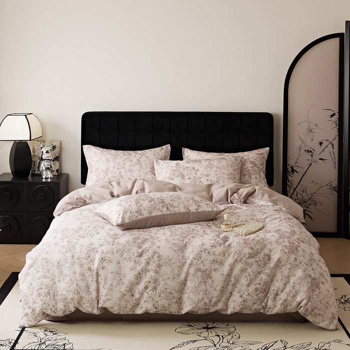 91家纺网 家纺一手货源 找家纺 禾时 2025新款全棉纯棉双层纱印花四件套-暗合 逆时光-粉