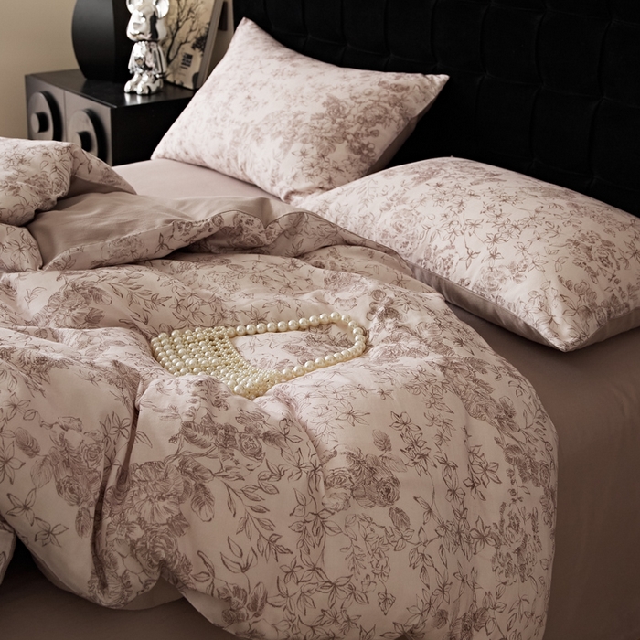 91家纺网 家纺一手货源 找家纺 禾时 2025新款全棉纯棉双层纱印花四件套-暗合 逆时光-粉