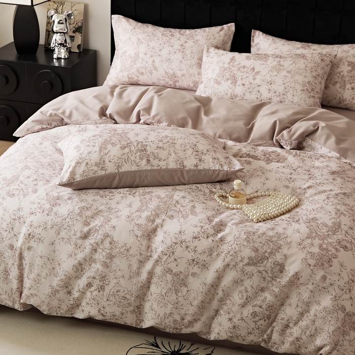 91家纺网 家纺一手货源 找家纺 禾时 2025新款全棉纯棉双层纱印花四件套-暗合 逆时光-粉