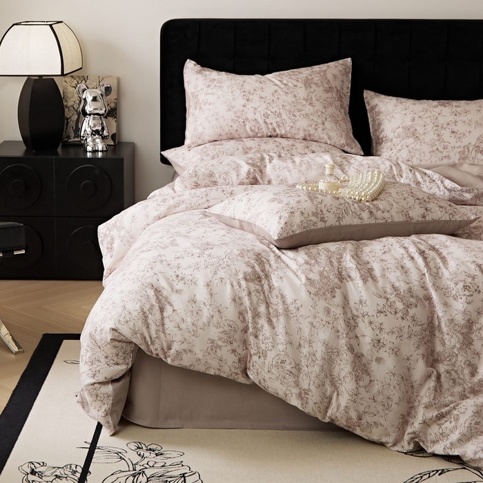 91家纺网 家纺一手货源 找家纺 禾时 2025新款全棉纯棉双层纱印花四件套-暗合 逆时光-粉