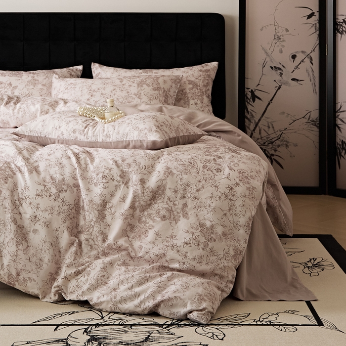 91家纺网 家纺一手货源 找家纺 禾时 2025新款全棉纯棉双层纱印花四件套-暗合 逆时光-粉