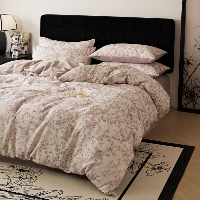 91家纺网 家纺一手货源 找家纺 禾时 2025新款全棉纯棉双层纱印花四件套-暗合 逆时光-粉