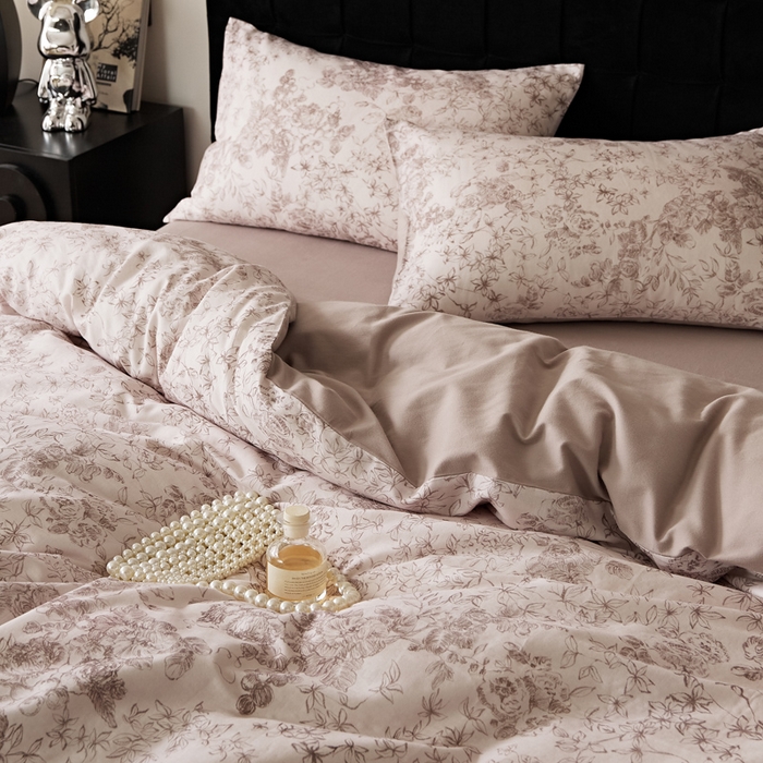 91家纺网 家纺一手货源 找家纺 禾时 2025新款全棉纯棉双层纱印花四件套-暗合 逆时光-粉