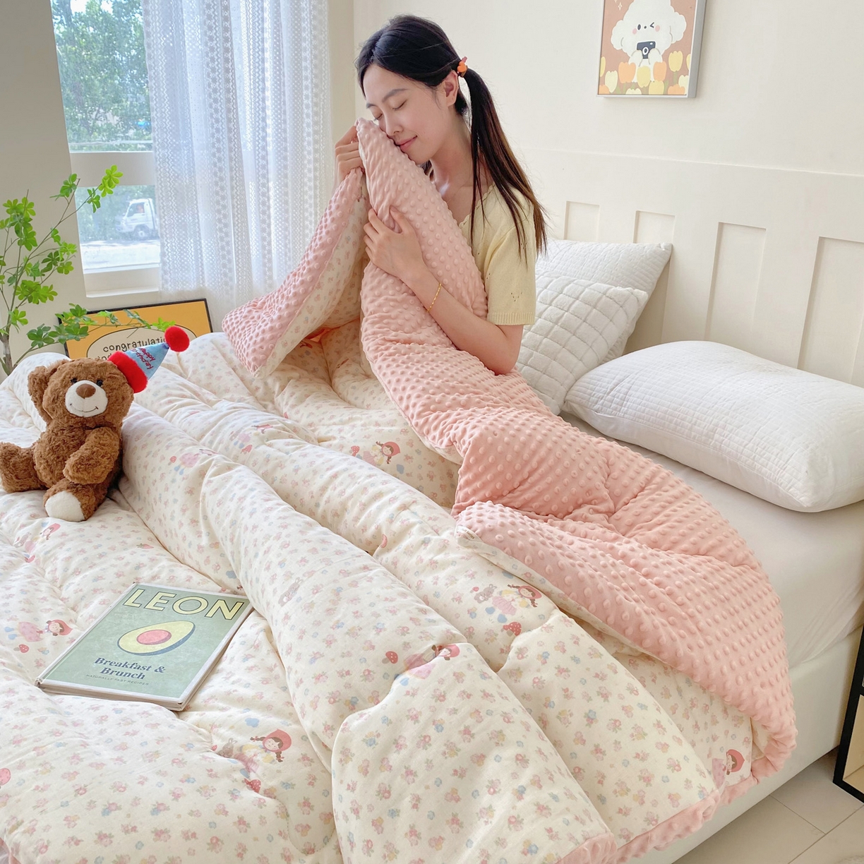 91家纺网 家纺一手货源 找家纺 小叮当家纺仓储工厂店 2025新款A类母婴级全棉双层纱婴儿绒210g豆豆被20%大豆纤维单人双人被芯 蜜桃小姐