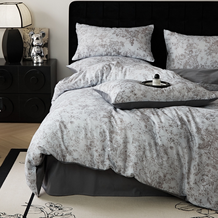 91家纺网 家纺一手货源 找家纺 禾时 2025新款全棉纯棉双层纱印花四件套-暗合 逆时光-蓝