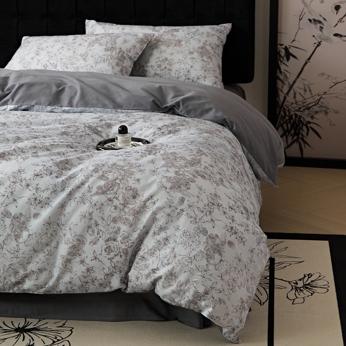 91家纺网 家纺一手货源 找家纺 禾时 2025新款全棉纯棉双层纱印花四件套-暗合 逆时光-蓝