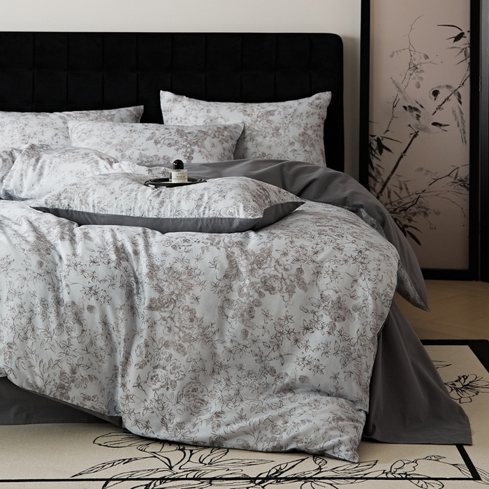 91家纺网 家纺一手货源 找家纺 禾时 2025新款全棉纯棉双层纱印花四件套-暗合 逆时光-蓝